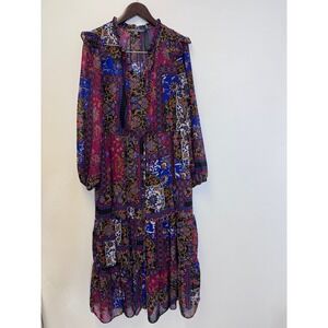 Julia Jordan Women Patchwork Floral Chiffon Midi Dress Purple Blue Size 6 Boho